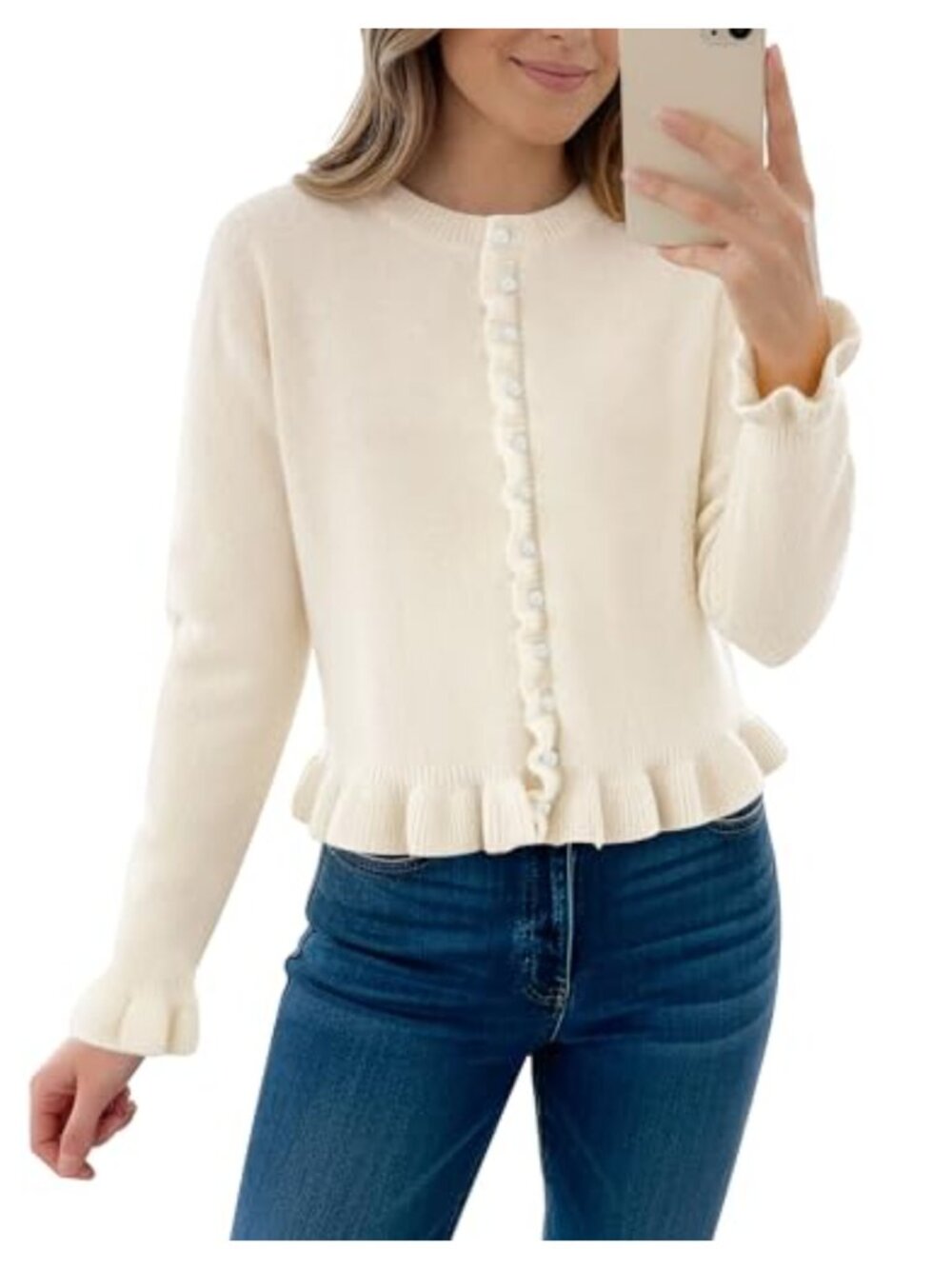Women Ruffle Cropped Cardigan Knit Sweater Long Sleeve Button Down